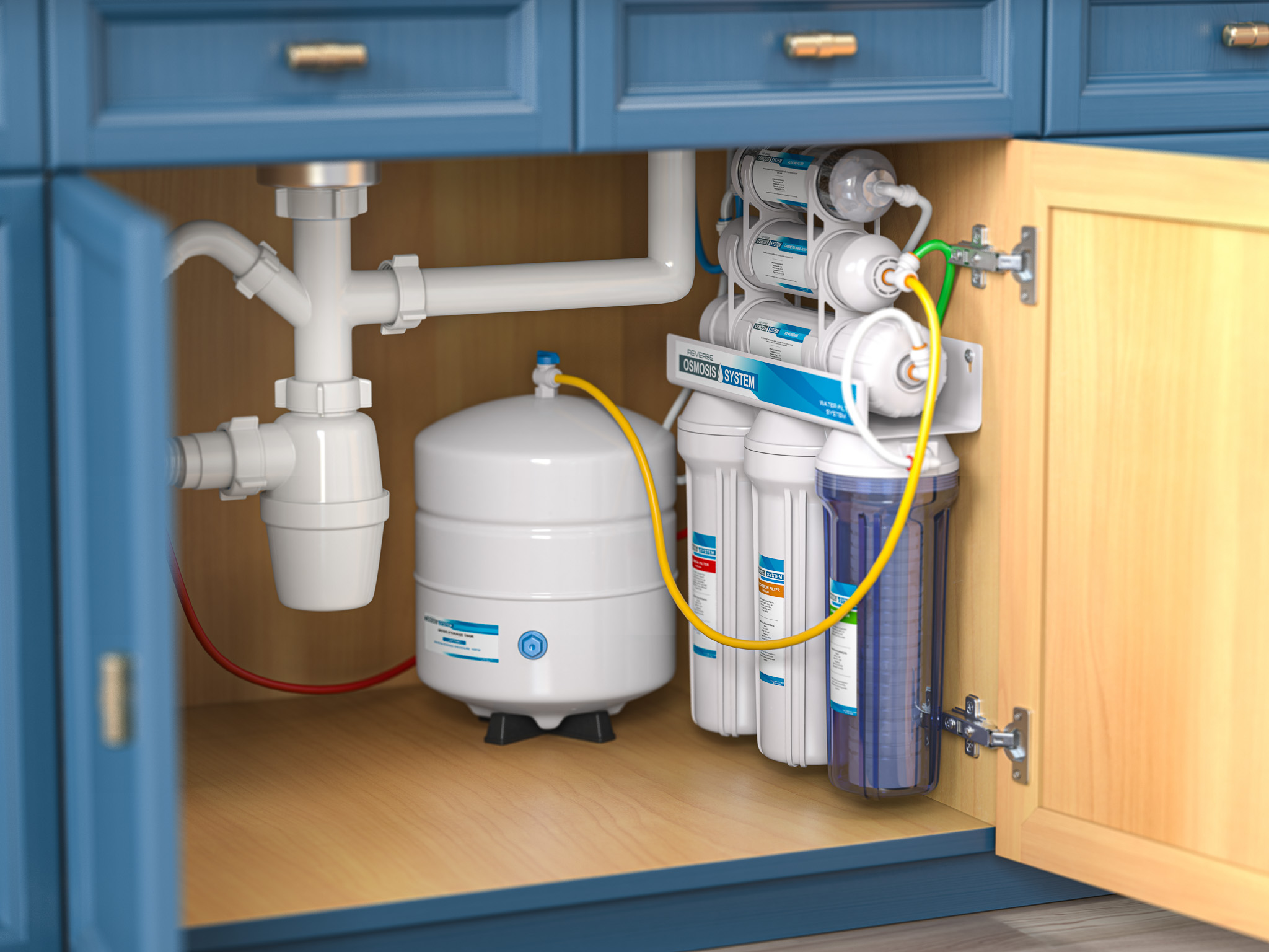 Reverse osmosis water purification system under sink in a kitchen. Water cleaning system installation.